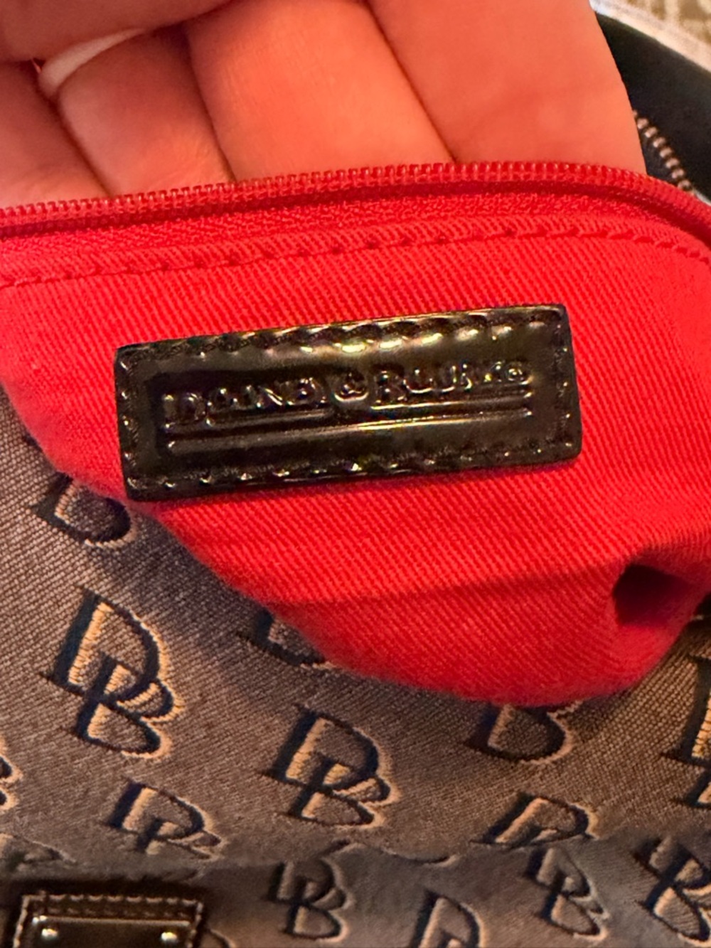 Dooney & Bourke Brown Logo-Print Shoulder Hobo with Black Patent Accents - Picture 5 of 7